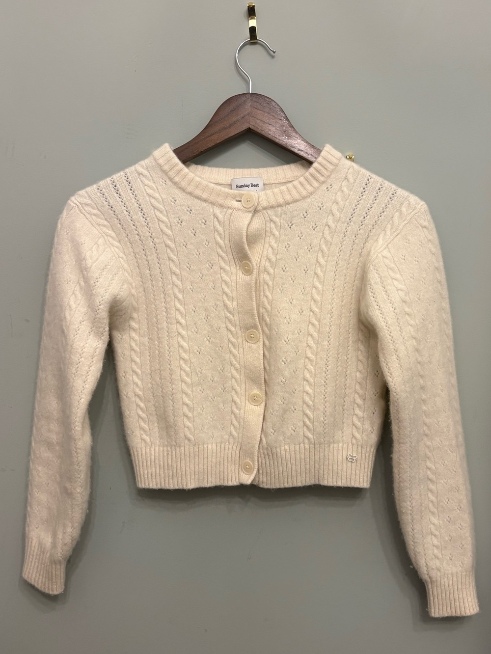 Aritzia Sunday Best Cream ivory Cable-Knit Cropped Cardigan shrunken